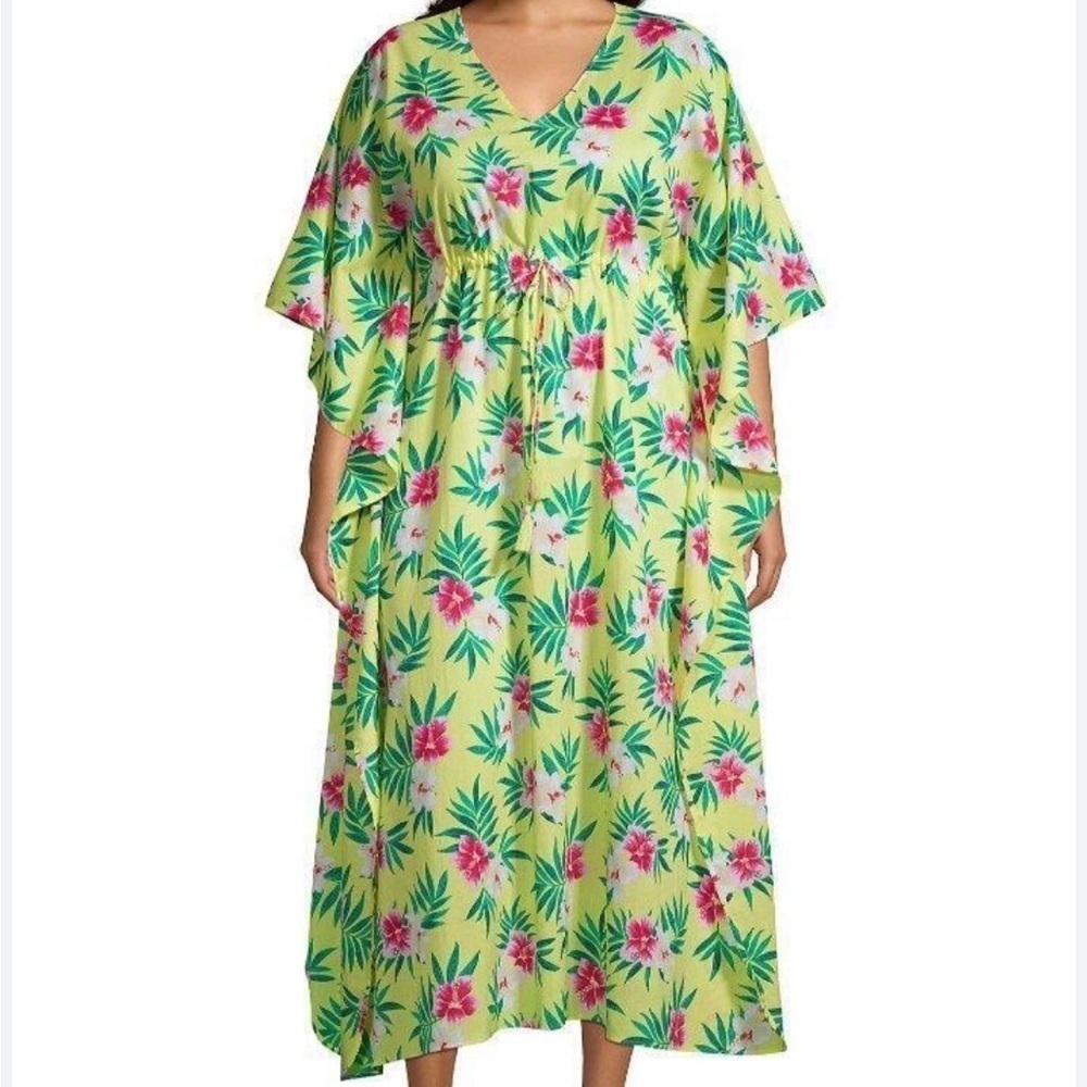 LANDS’ END Tropical Floral Maxi Kaftan Swim Coverup Sz XL Yellow V Neck Cotton